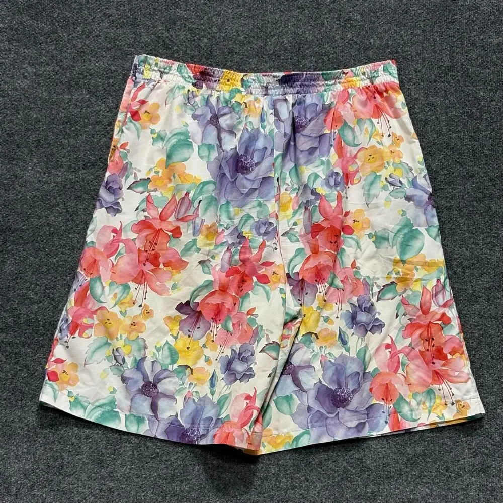 D'Allaird's Shorts Womens Large Floral Pleated Culotte Elastic Casual Summer